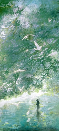 青绿山水白鹭飞翔国风意境壁纸