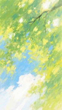 清新油画风绿叶蓝天治愈壁纸
